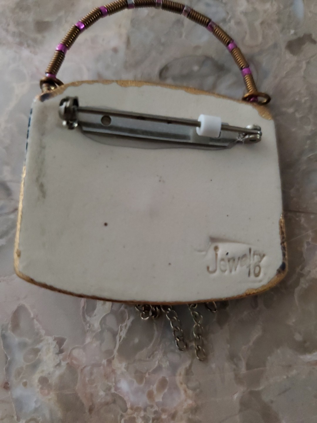 Cynthia Chuang Jewelry 10 Purse Hand Painted Porcelain Metal Tassel Brooch Pin