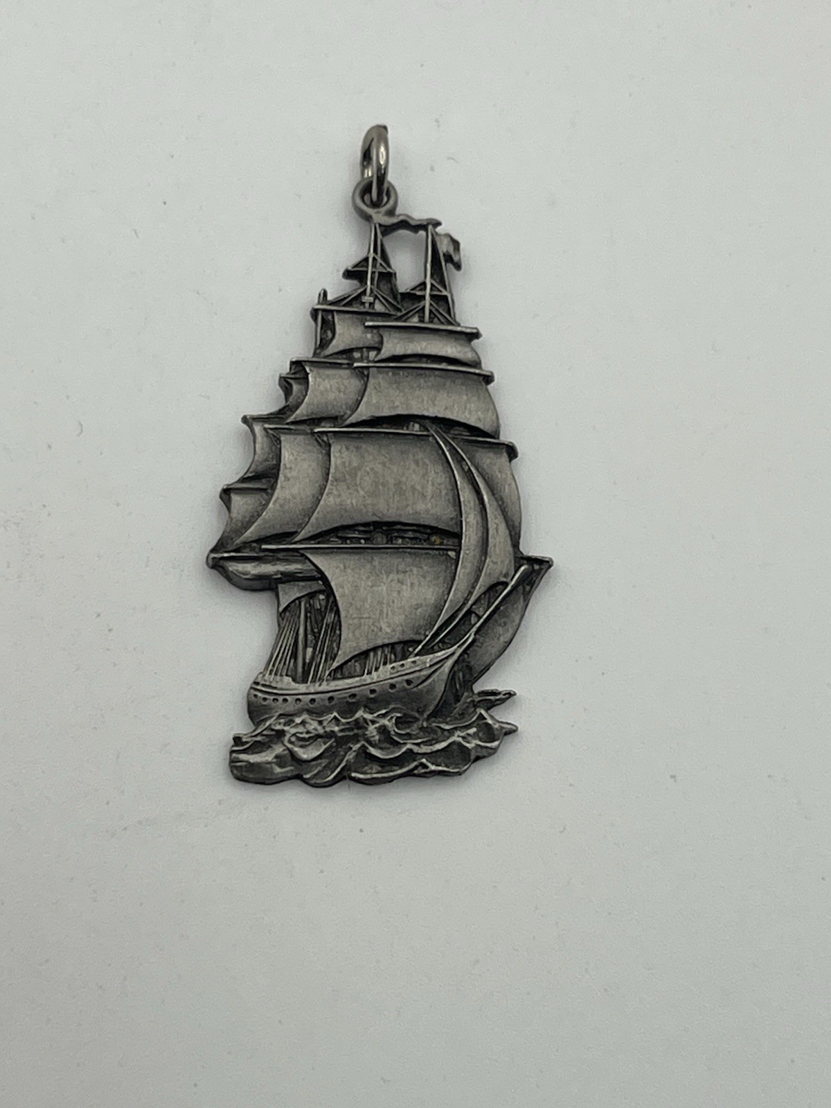 Tall pirate ship silver tone nautical sail boat pendant for necklace vintage