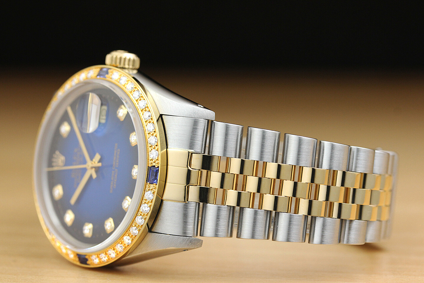 ROLEX MENS DATEJUST BLUE VIGNETTE SAPPHIRE DIAMOND 18K YELLOW GOLD & STEEL WATCH