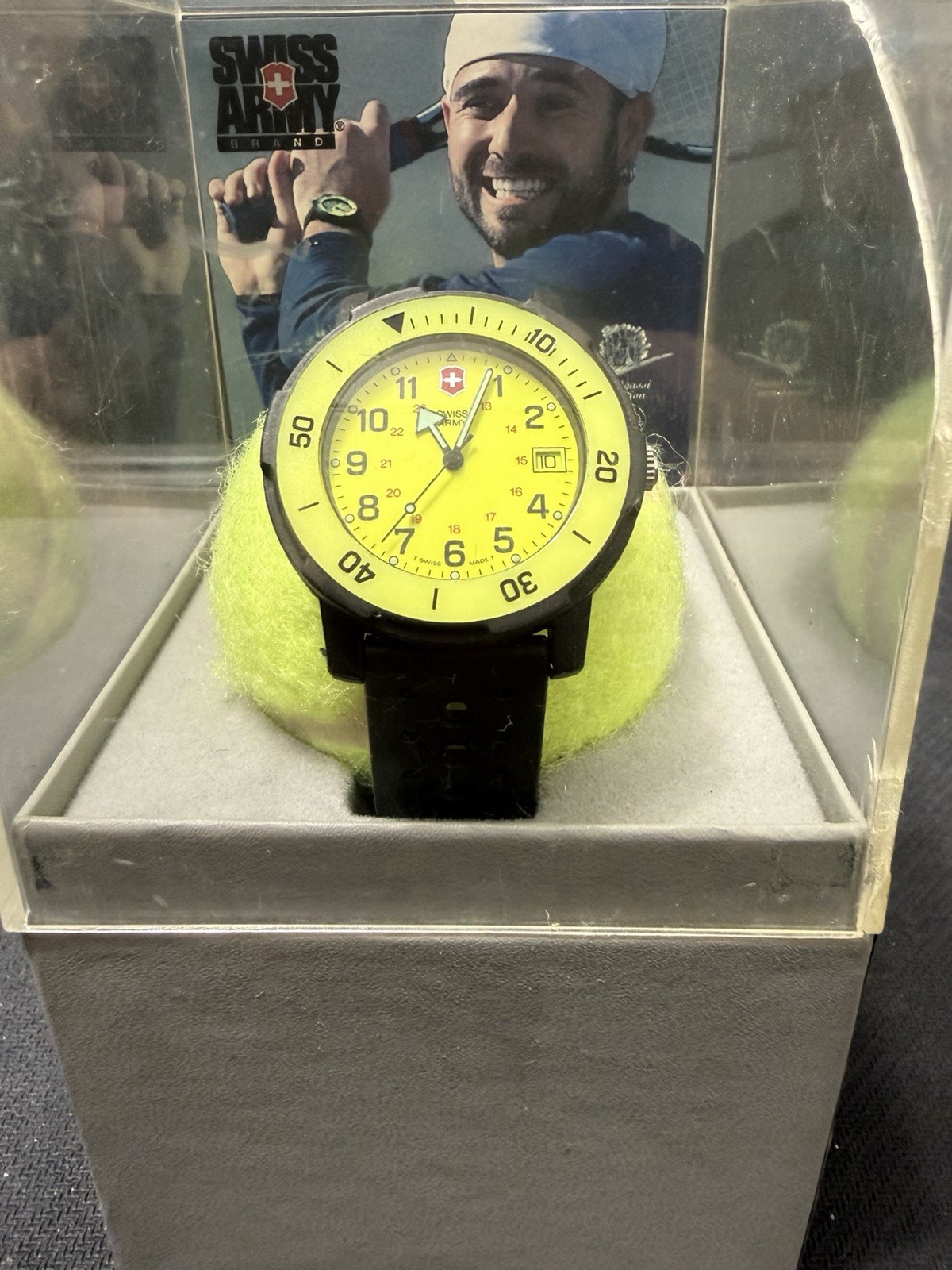 Victorinox Swiss Army Tennis Ball Display Watch NOS Yellow Dial New in Box