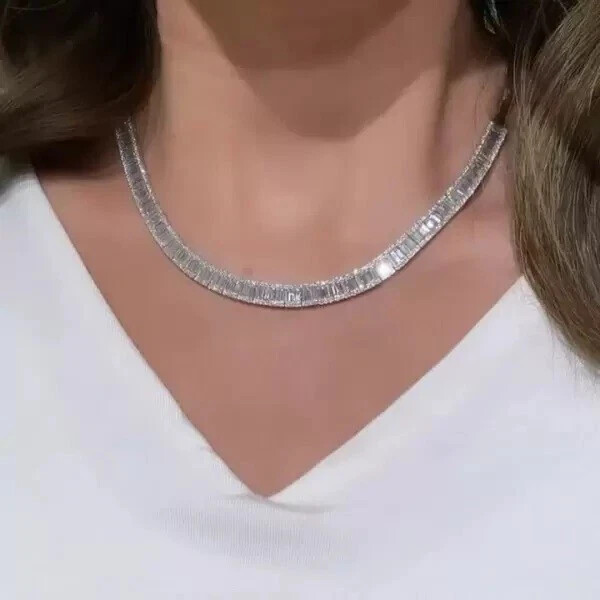 40 Ctw Created Emerald & Round Cut Diamond 14k WhGold Plated Tennis Necklace 18”