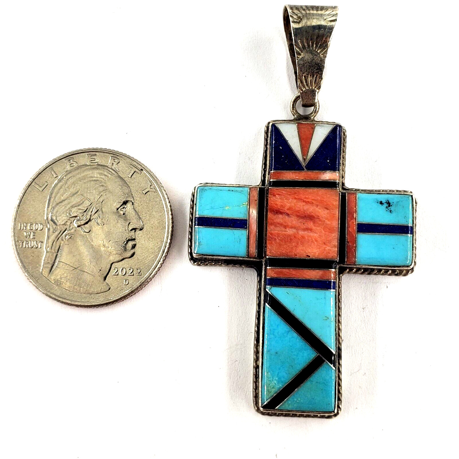 ROGER SKEET RS NAVAJO Sterling Silver Inlay Cross Pendant Turquoise Coral Native