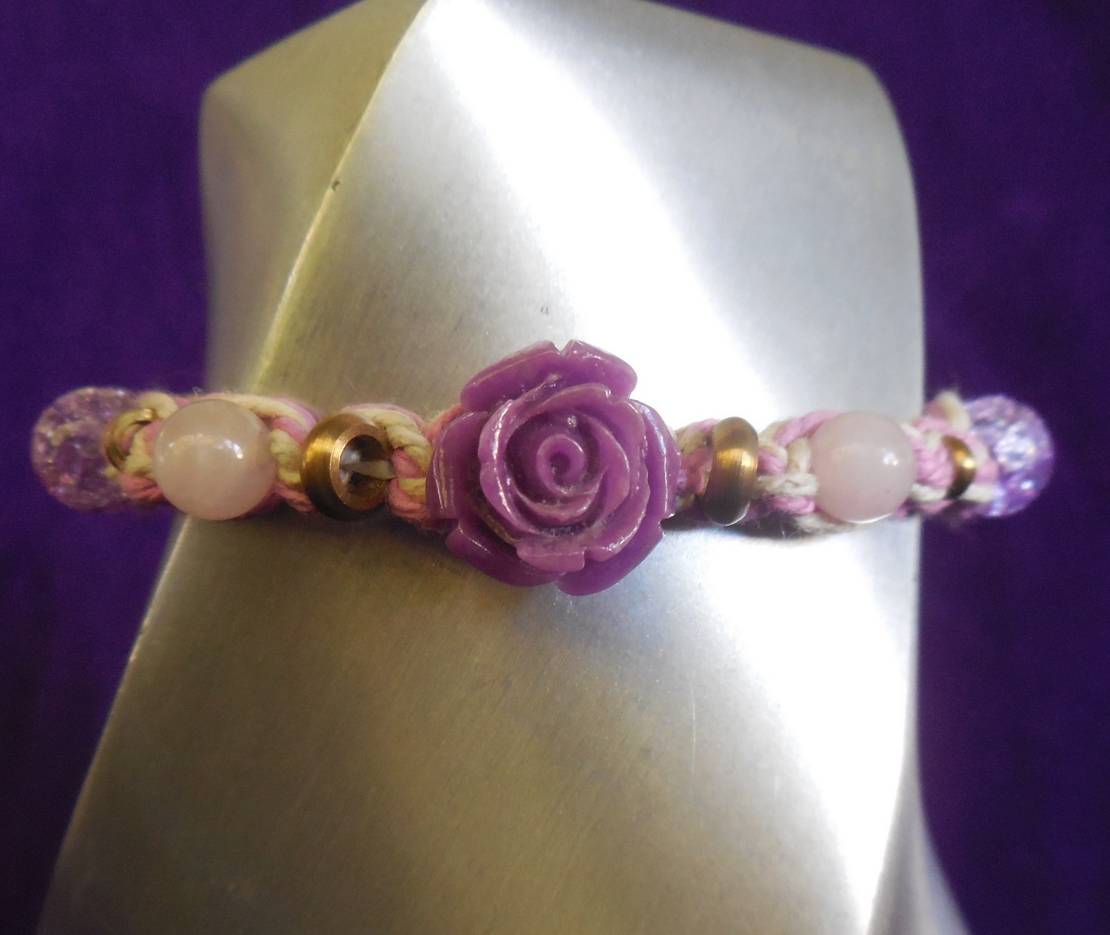 Purple Stone Rose Adjustable Hemp Bracelet Anklet w Rose Quartz Gemstone Beads