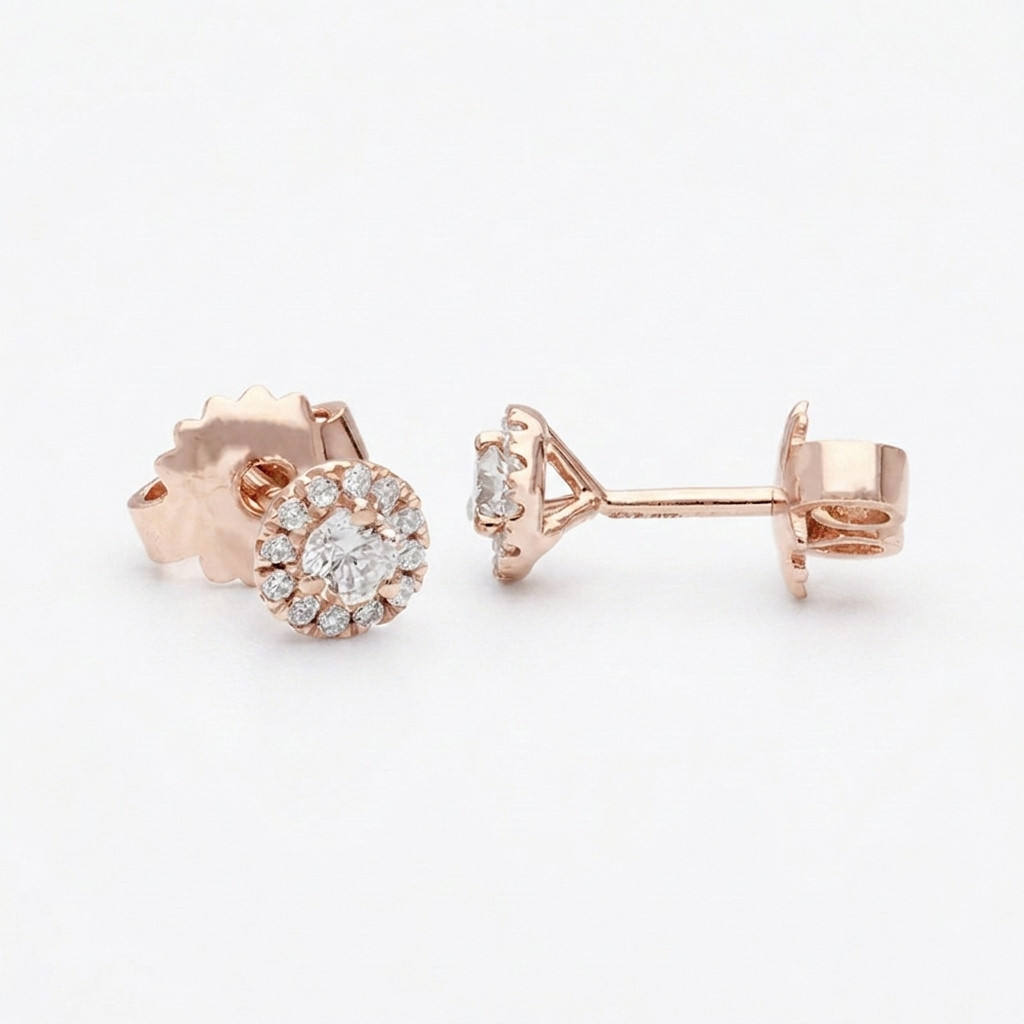 14K Solid Gold 0.50 CT Round Lab Grown Diamond Halo Stud Pushback Fine Earrings