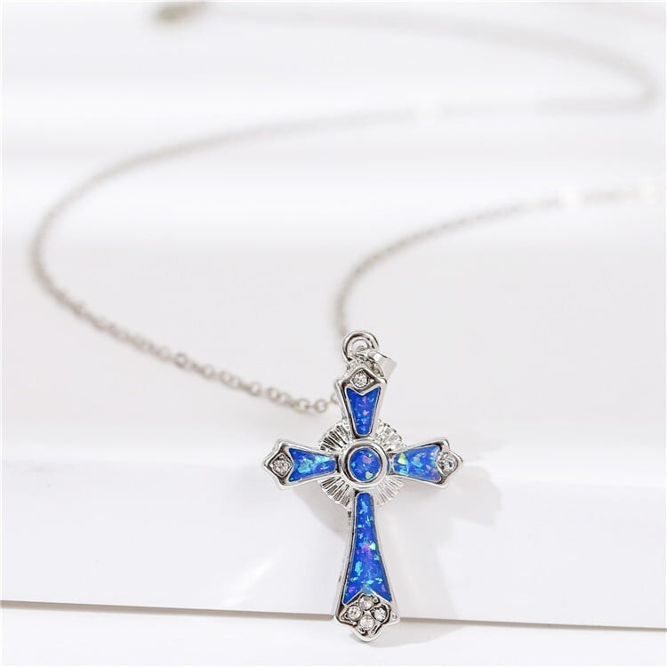Dark Blue Opal Cross Pendant Necklace Christian Jewelry for Men Women Gift