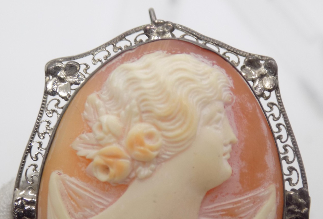 Antique 800 Silver Cameo Carved Maiden Filigree Floral Brooch Pin Pendant