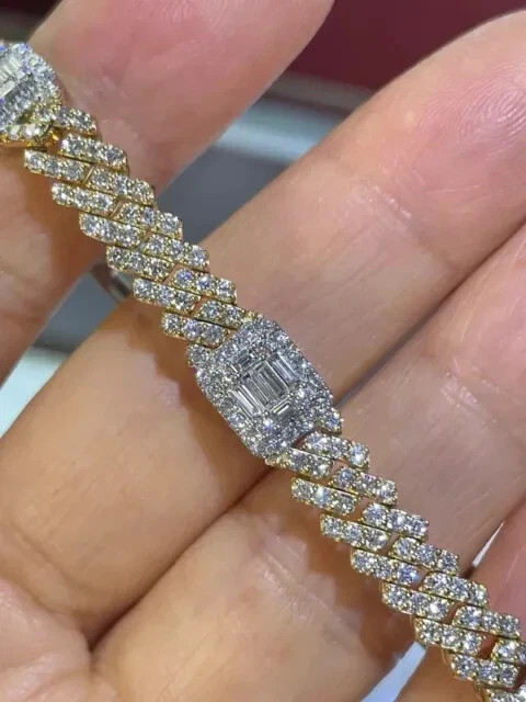 Miami Cuban Link Men Bracelet 14k Yellow Gold Plated Round Lab Created Diamond