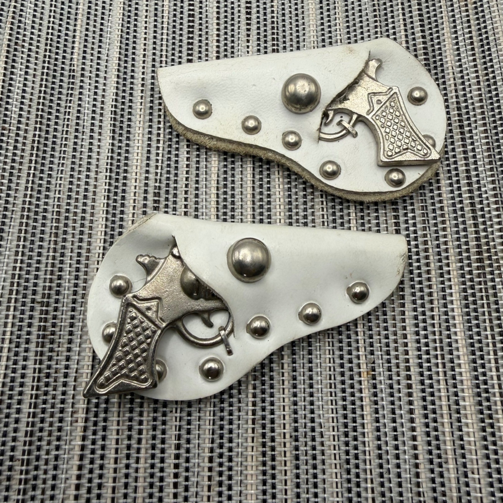 Vintage 50s Metal 6 Shooter Gun Diaper Clip Brooch White Studded Holster Set 2pc