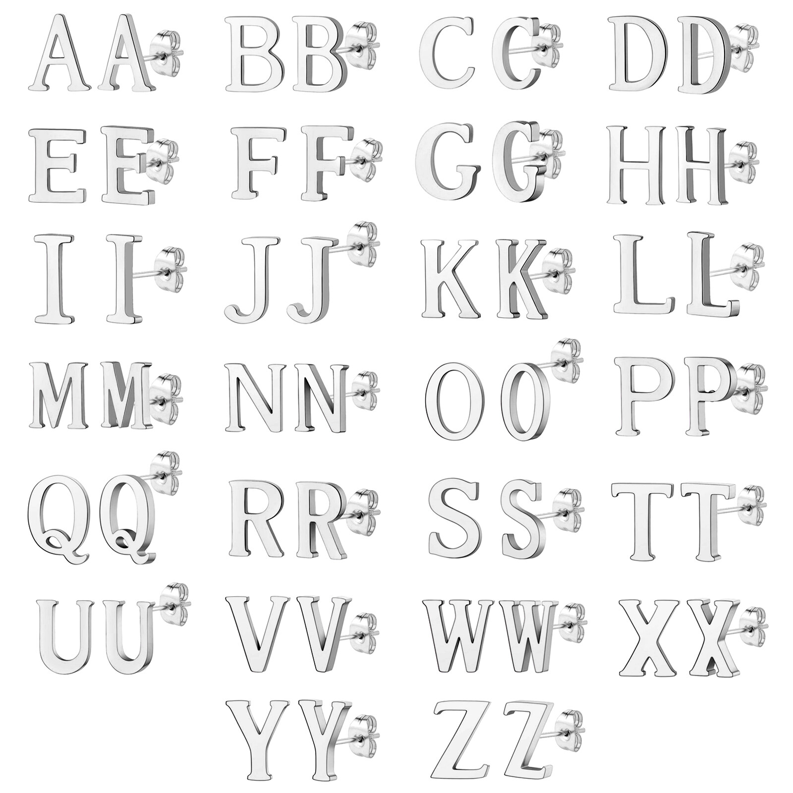 2pcs Polish Steel Initial Letter Alphabet A-Z Stud Earrings Men Women Girls Boys
