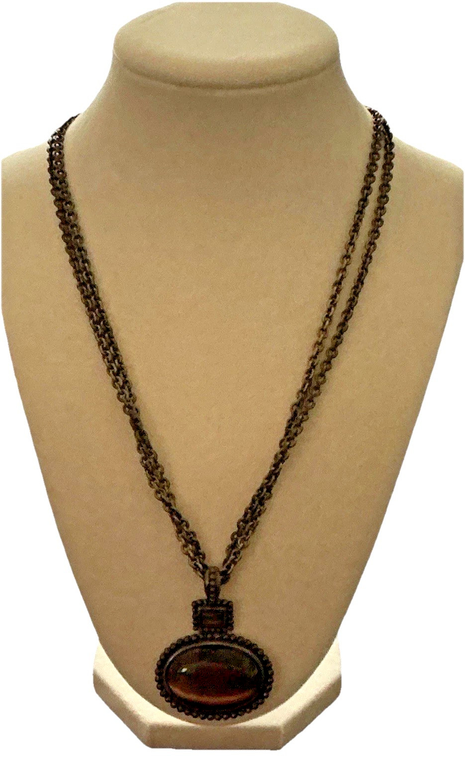 Large Oval Smokey Brown Lucite Dark Brass Metal Multi Chain Pendant Necklace