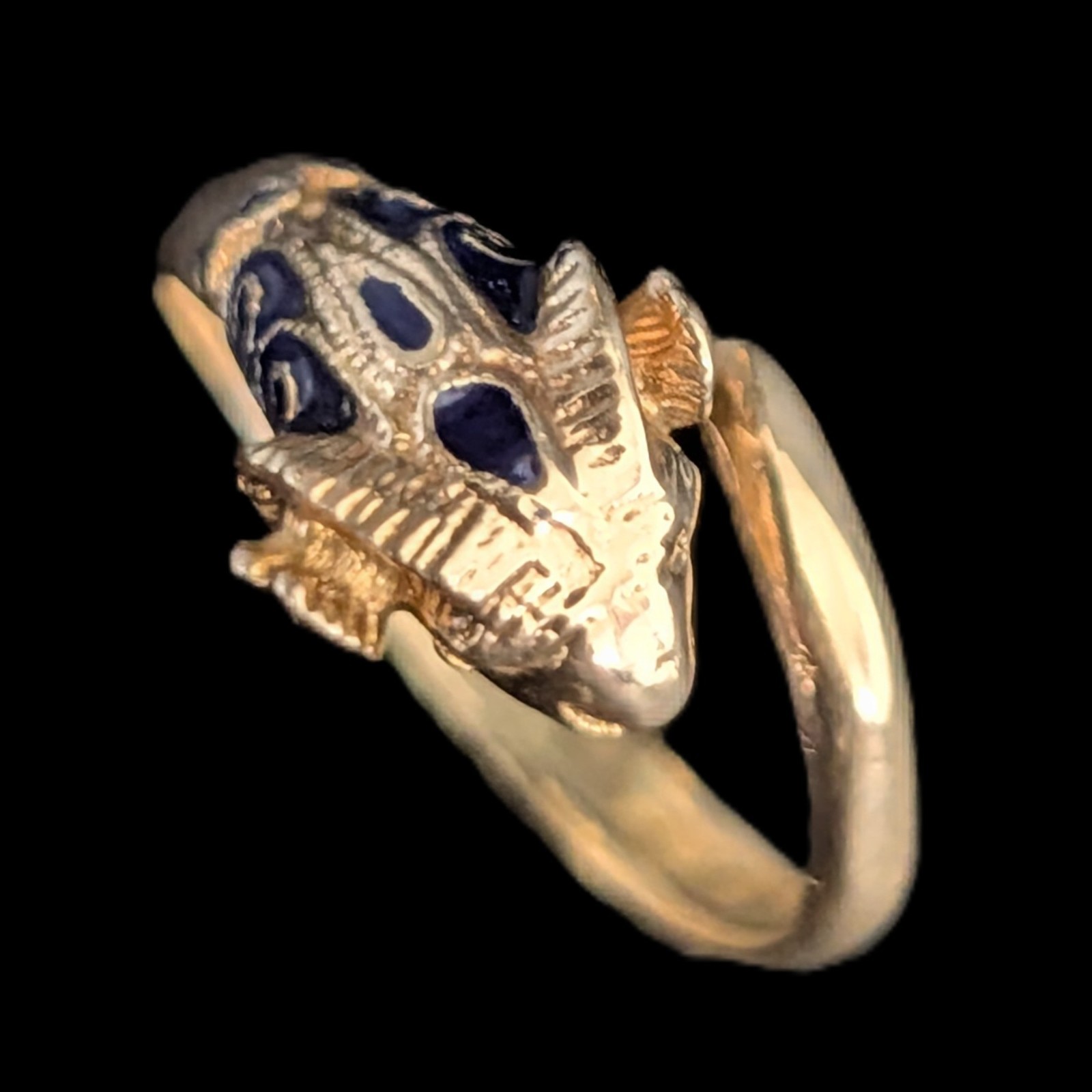 1970s Vintage 14k Gold Enamel Ram Head Bypass Ring Wrap Cocktail Gift Estate