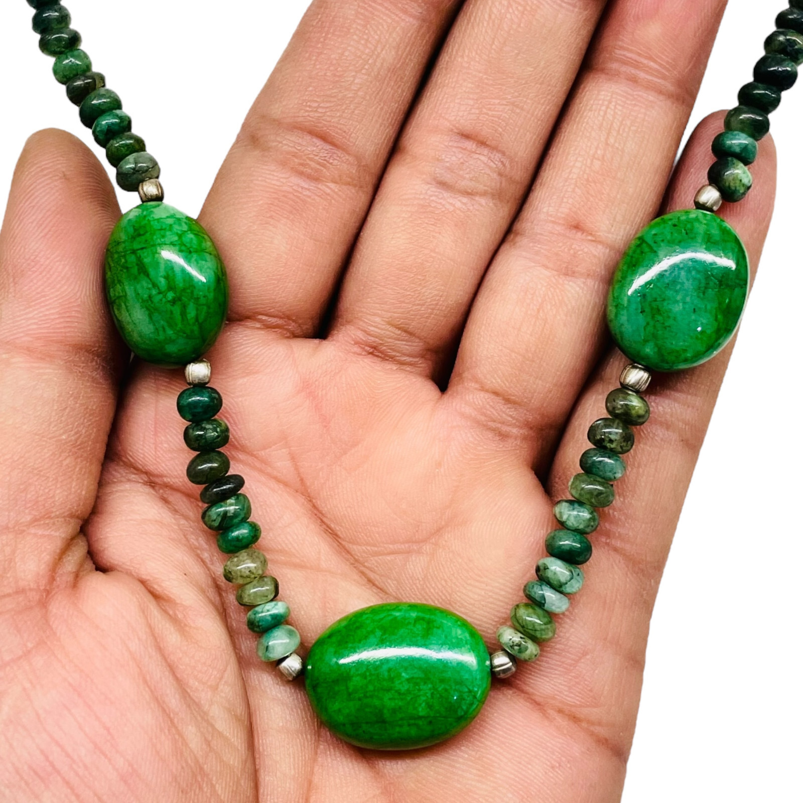 23′ Natural Emerald Designer Necklace Cabochon Beads 925 Silver Clasp