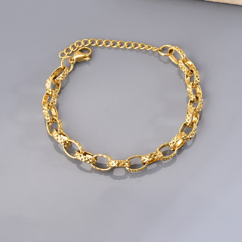 7mm Women 18K Gold Plated Texture Rolo Chain Bracelet Bangle Anti-tarnish 8.7”