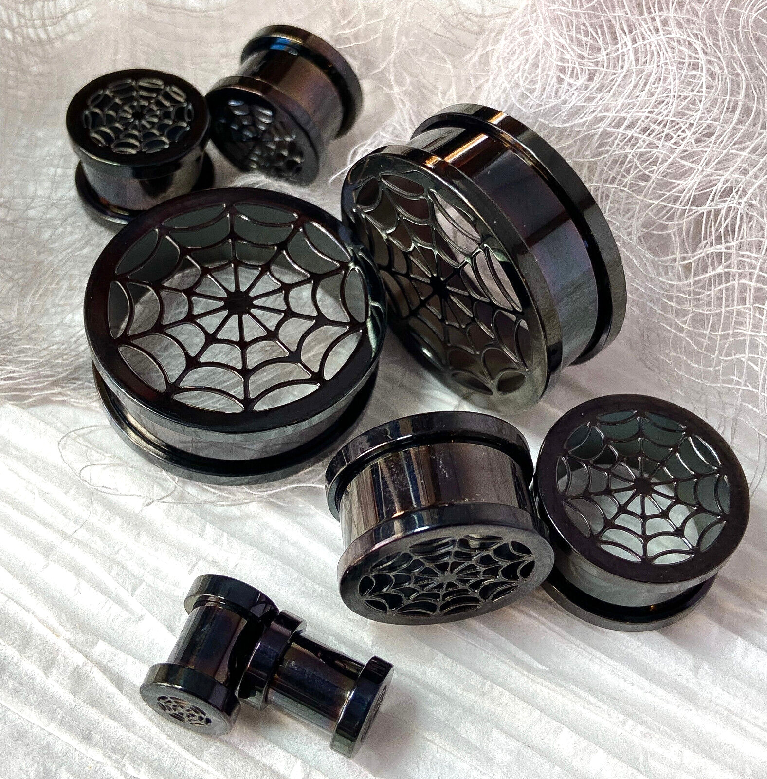 PAIR Black Spider Web Surgical Steel Tunnels Spiderweb Ear Plugs Earlets Gauges