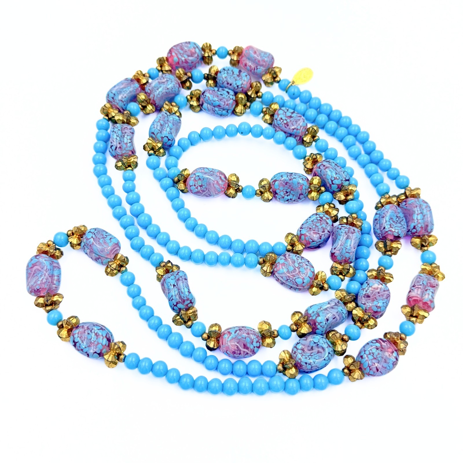 Vintage William De Lillo Couture Wedding Cake Glass Bead Sautoir Blue Necklace