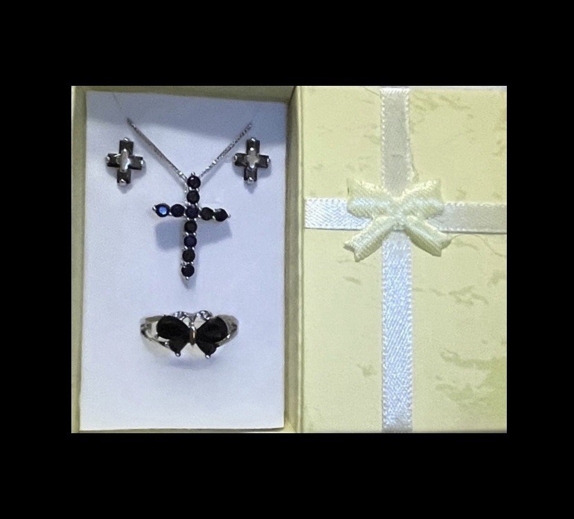 Gorgeous Black Sapphire Cross Necklace, Earrings, & Butterfly Ring Size 9.5 Set