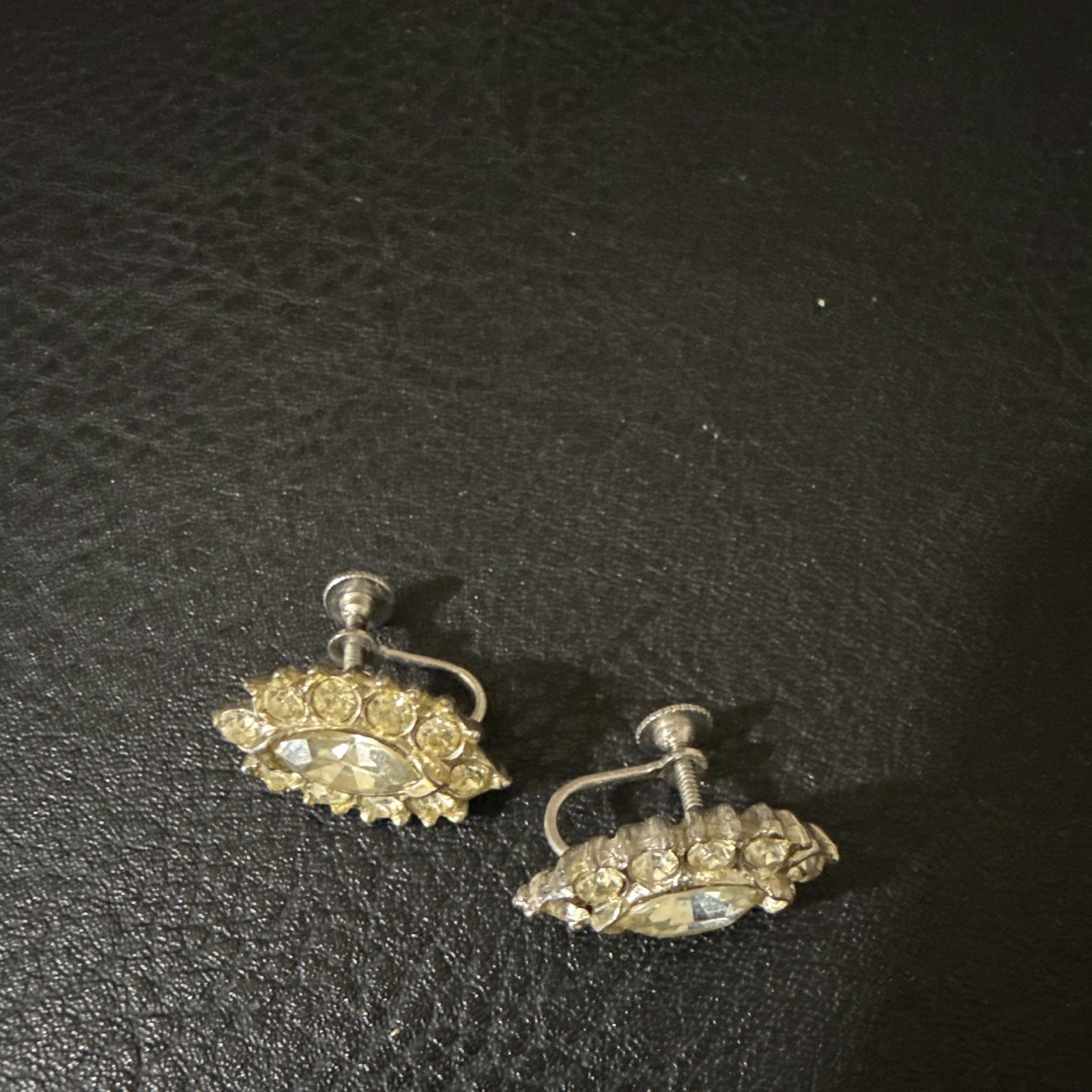 Silver Tone Clear Marquise Rhinestone Stud Earrings Screw Back Prong Set