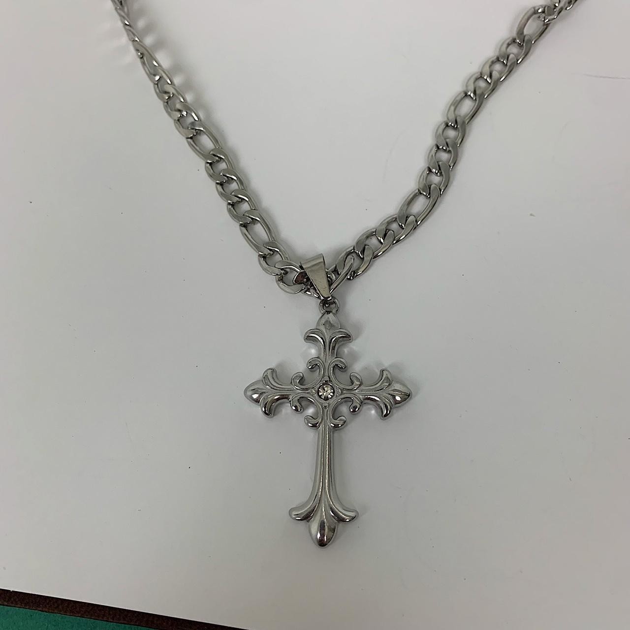 Y2k style Silver Figaro Big Gothic Rhinestone Cross Pendant Necklace. Stainless