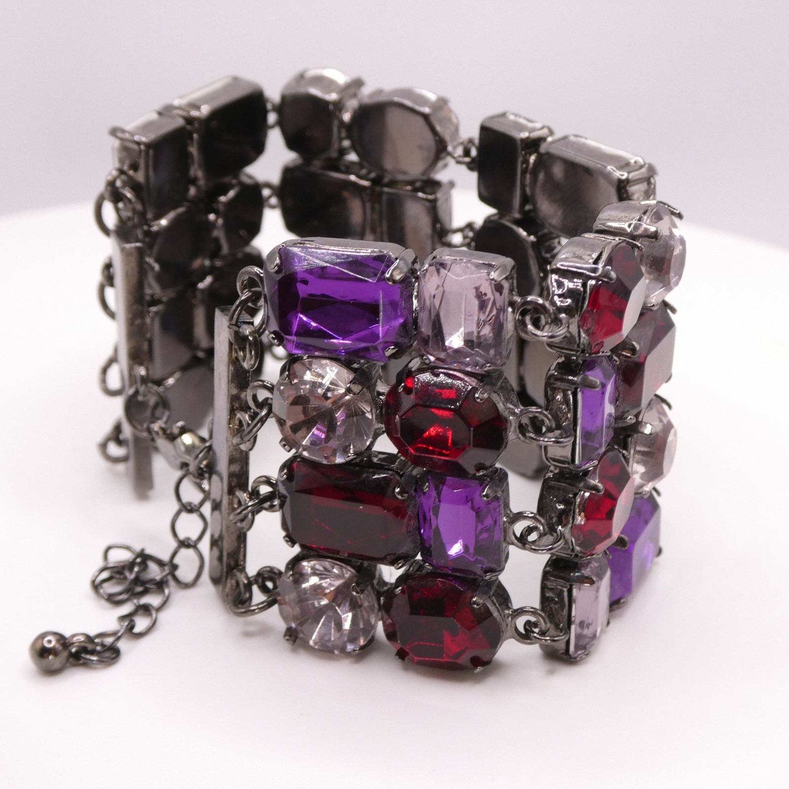 Vintage Purple Acrylic Rhinestone Adjustable 7-9″ Gunmetal Tone Wide Bracelet
