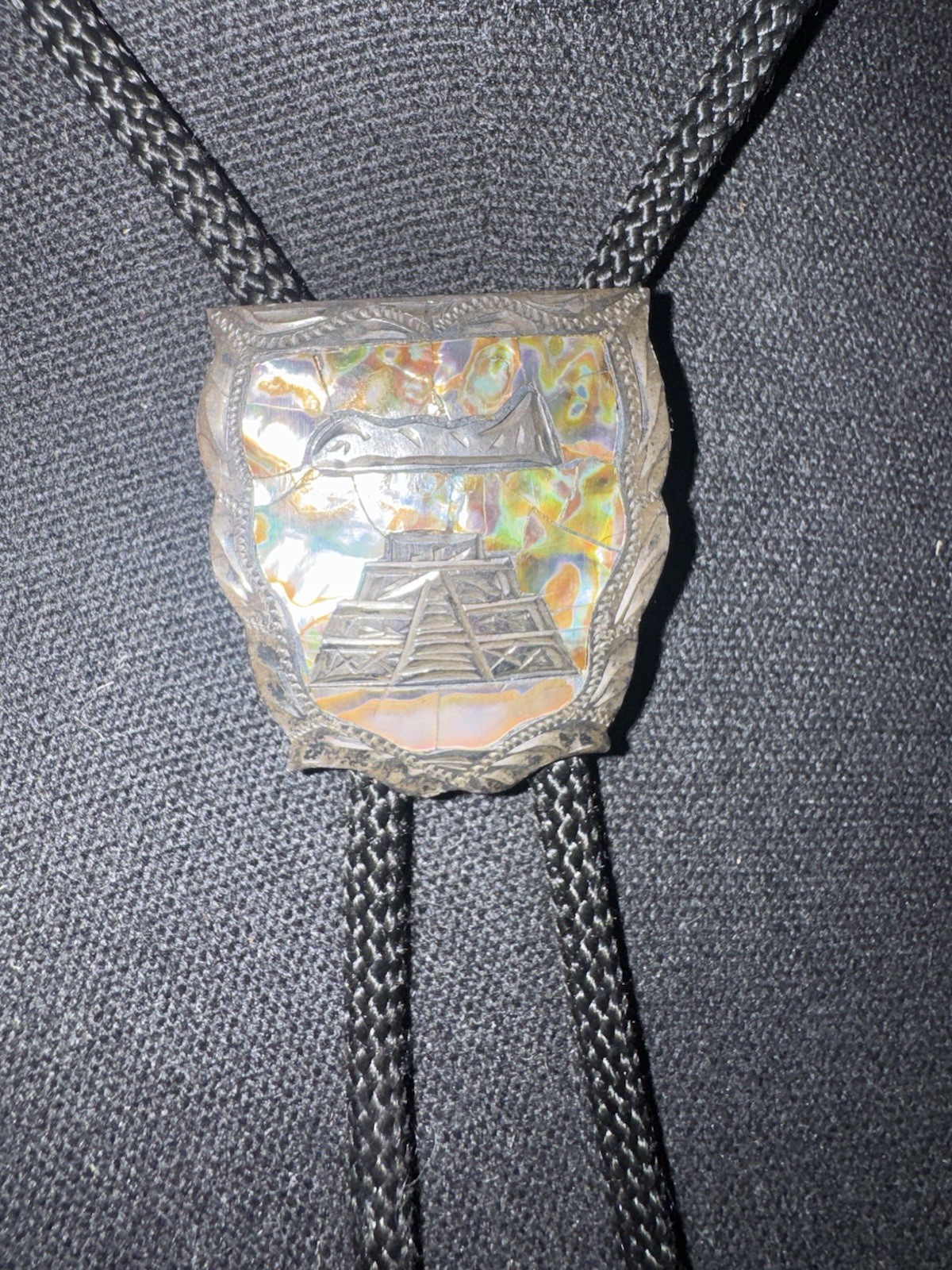 UFGM Men’s Adjustable Black Bolo Tie with Silver-Tone Metal Slide, Signed