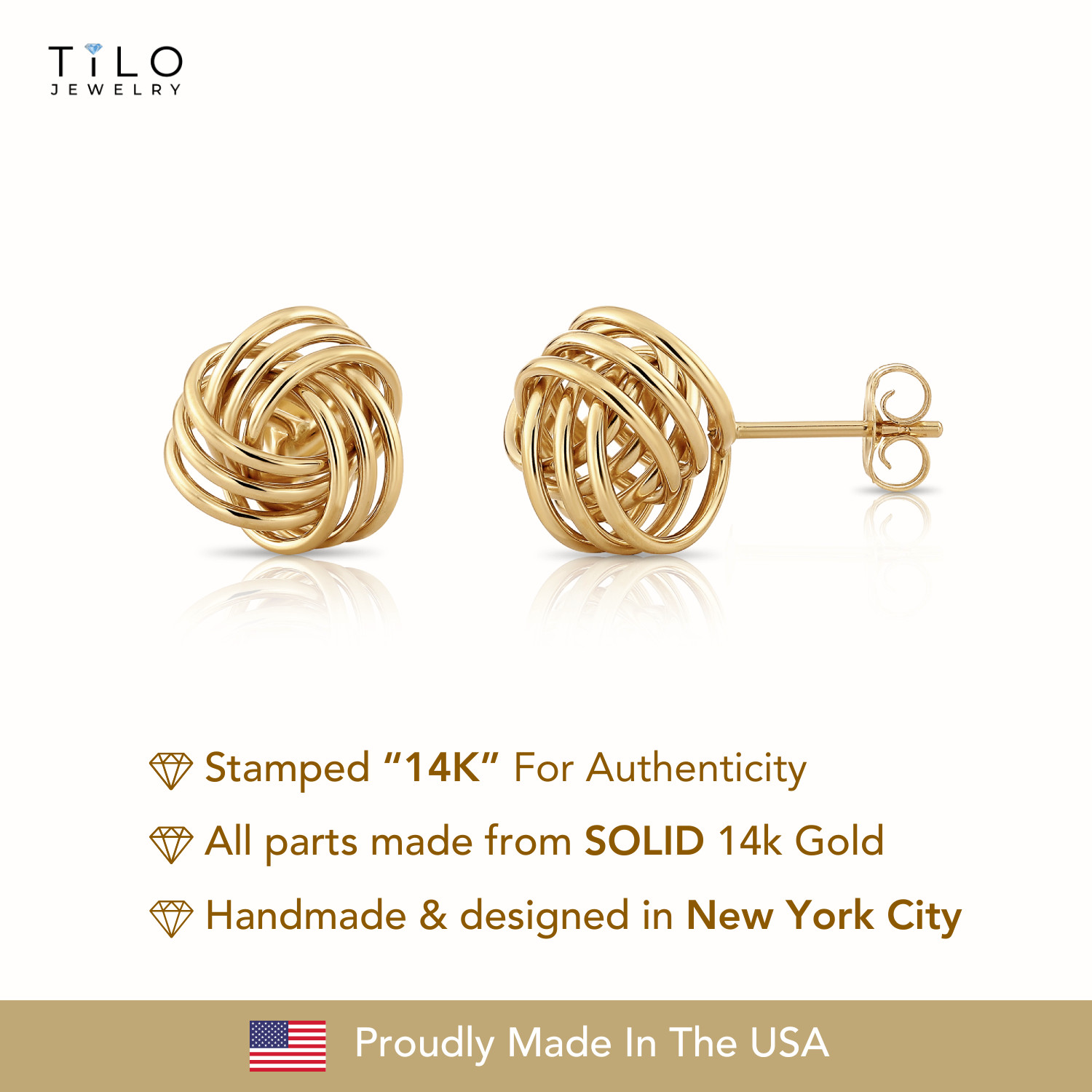 14K Real Solid Gold Polished Love Knot Sleeper Studs Earrings Push-back 11mm