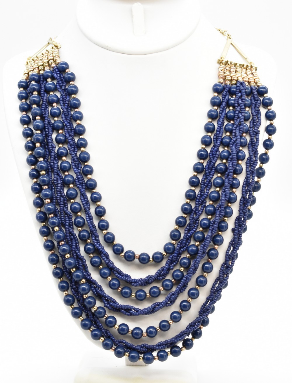 Gold-P Multi-strand Slate Blue Bead & Braided Navy Seed Bead Chain Bib Necklace