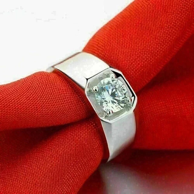 Men’s 1.60Ct Round Cut Real Moissanite Engagement Ring 14K White Gold Plated