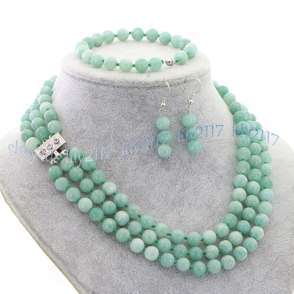 3 Rows Natural Multicolor Jade Round Gems Necklace Bracelet Earrings Jewelry Set