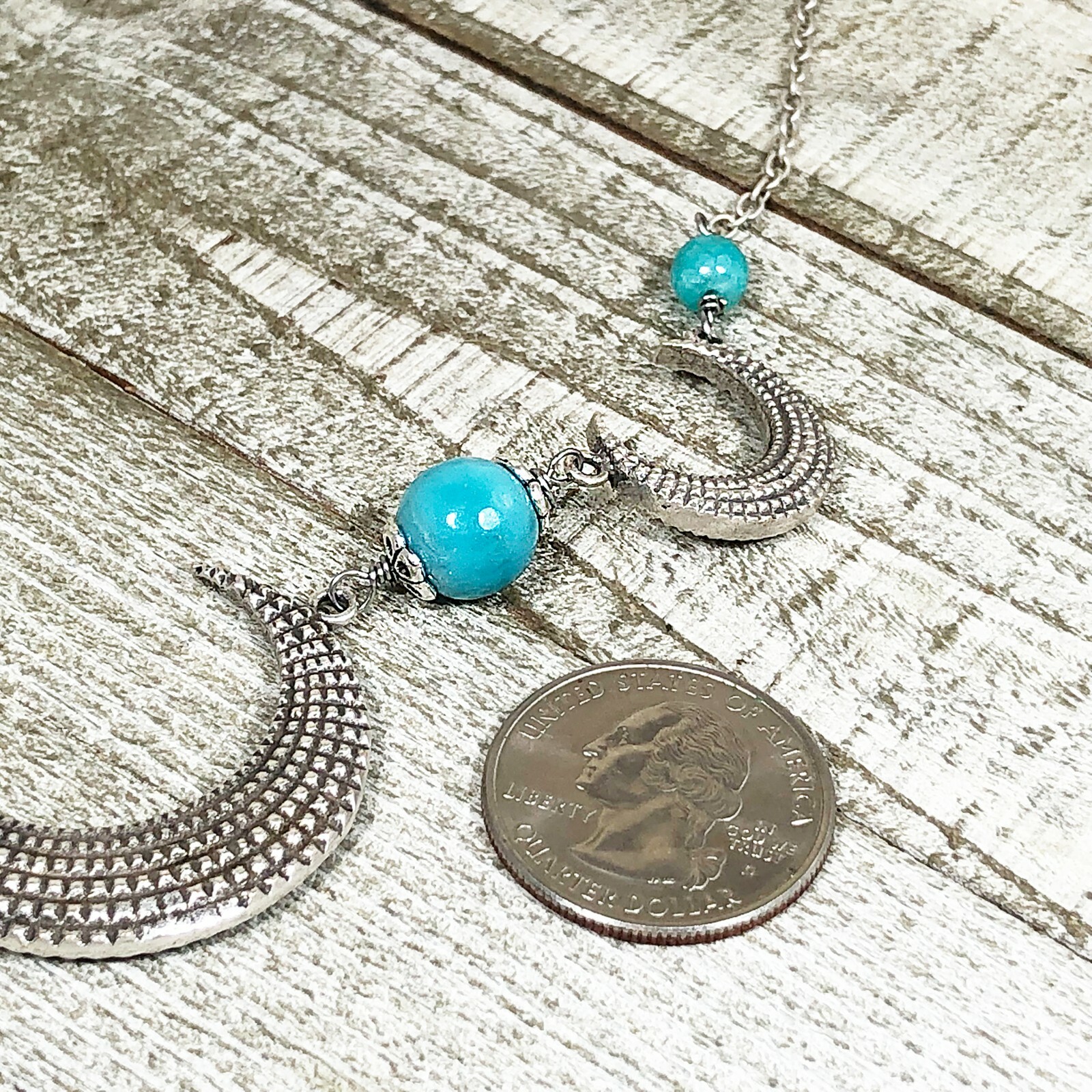 Antique Silver Half Moon Statement Necklace with Faceted Mystic Coated Turquoise