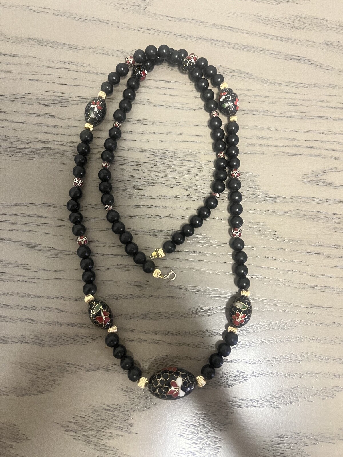 14Kt Gold Vintage Chinese Export Black Onyx Beaded Floral 34″ inch Necklace