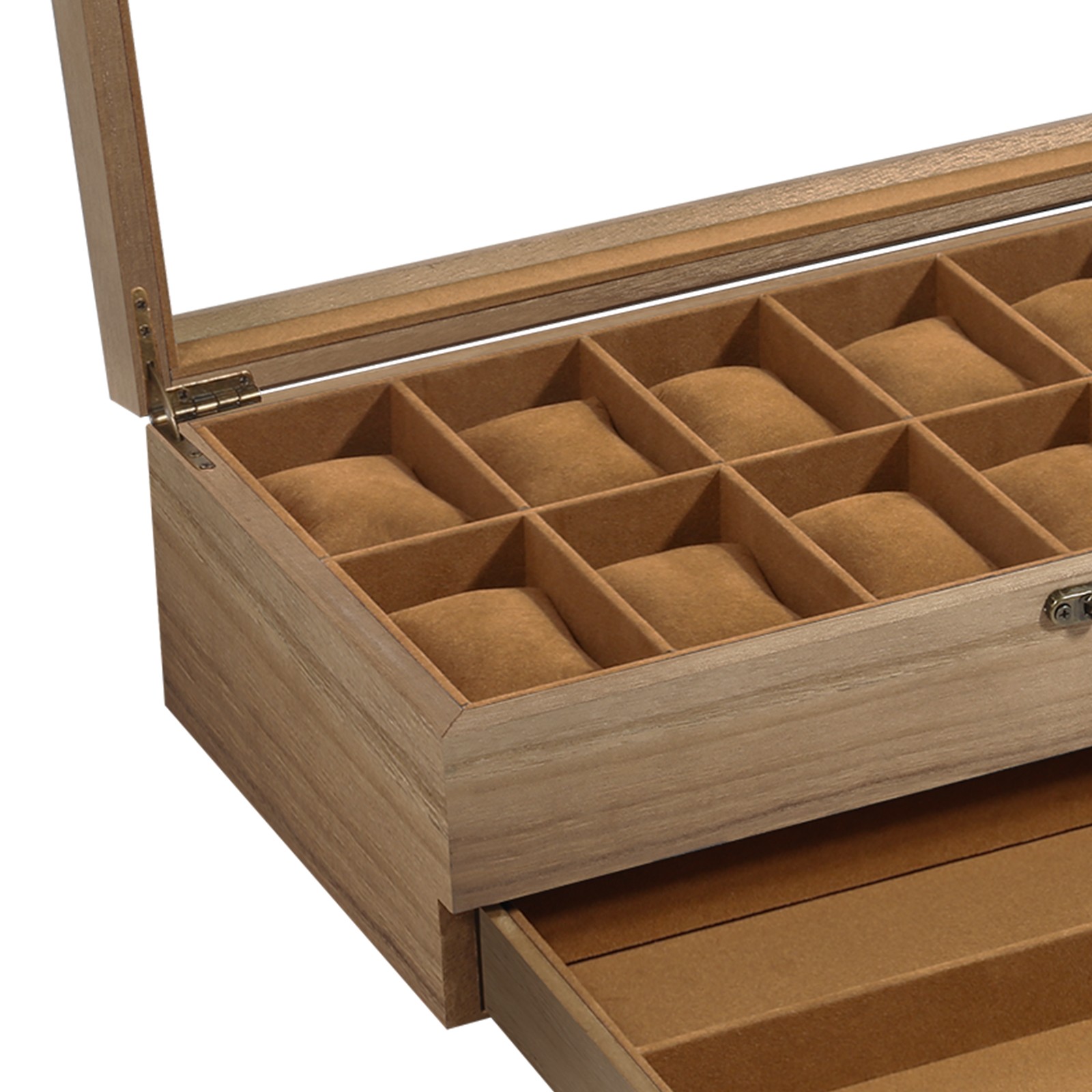12 Slot Solid Wood Watch Box Clear Glass Top, Men’s Jewelry Display Storage Case