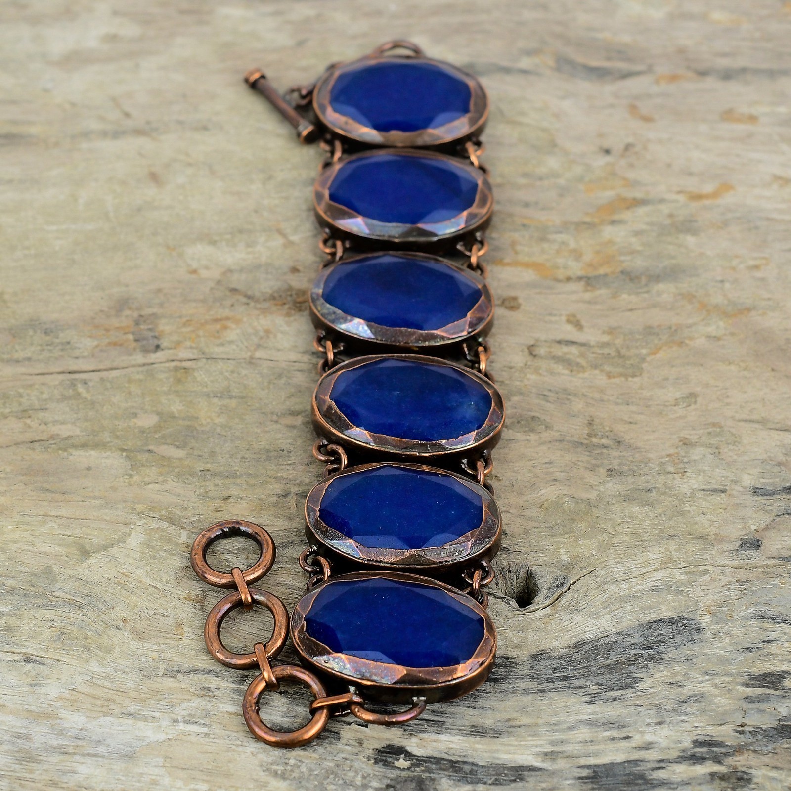Copper Blue Saphire Stone New Chain Wedding Electroformed Bezel Bracelet Jewelry