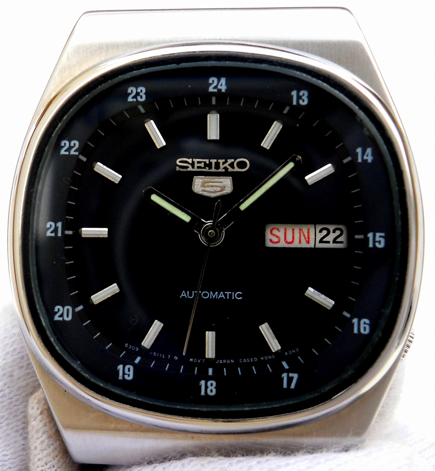 Vintage Seiko 5 Railway Time Automatic Watch TV Dial Cushion Case Caliber 6309