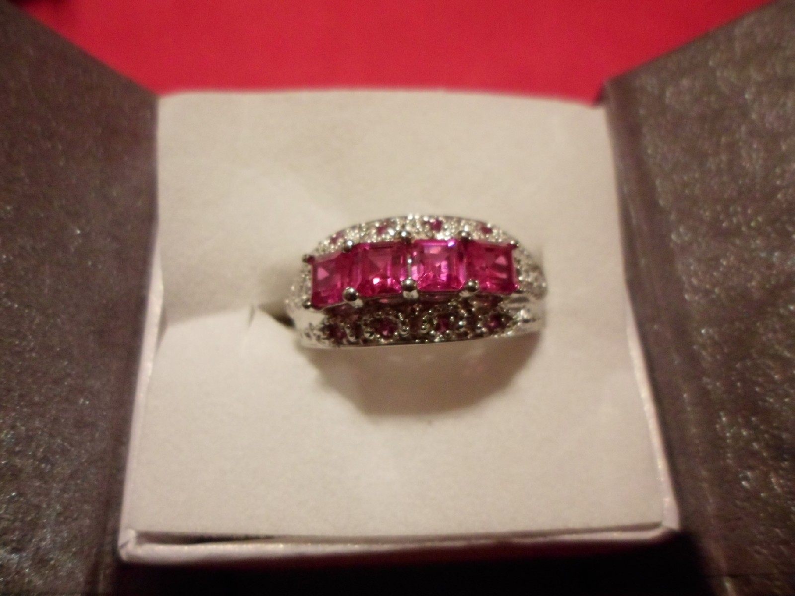 Lab Created Square Cut Ruby Ring in Platinum Overlay-Size 7-1.90 Carats