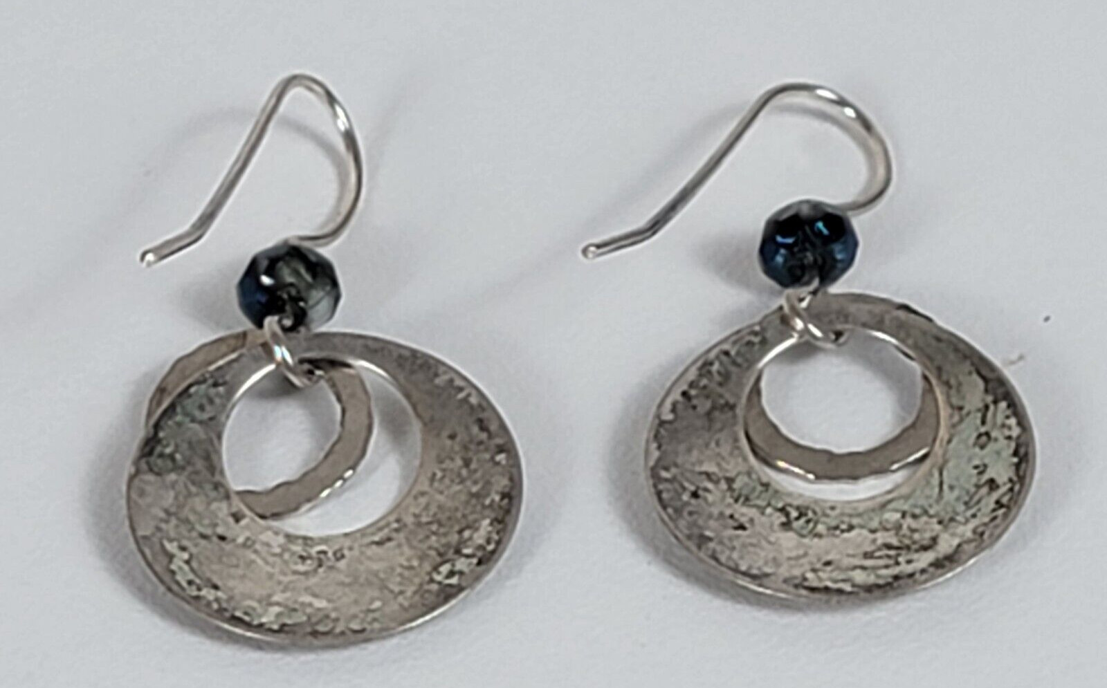 Vtg. Sterling Silver Double Hoop Dangle Earrings W/ Tiny Blue Stone 0.75 In