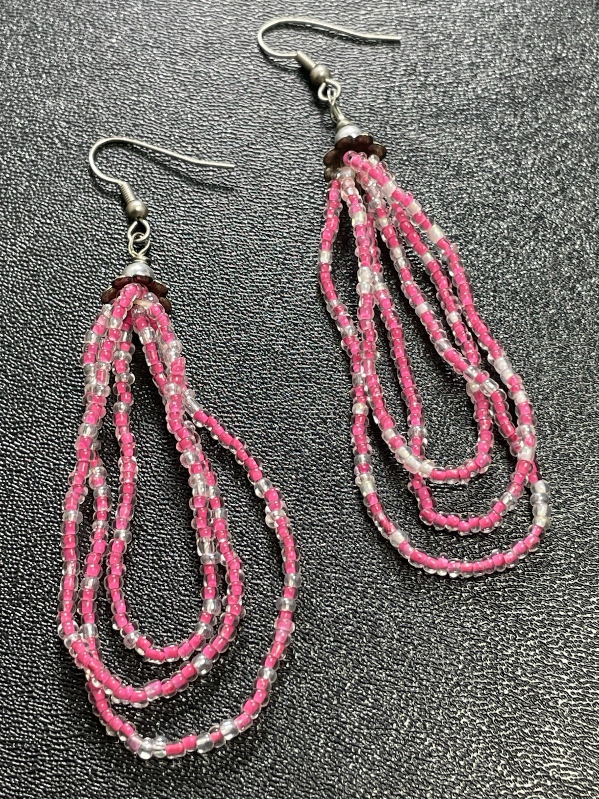 Vintage 3.8” Pink Beaded Silver Tone Dangle Earrings
