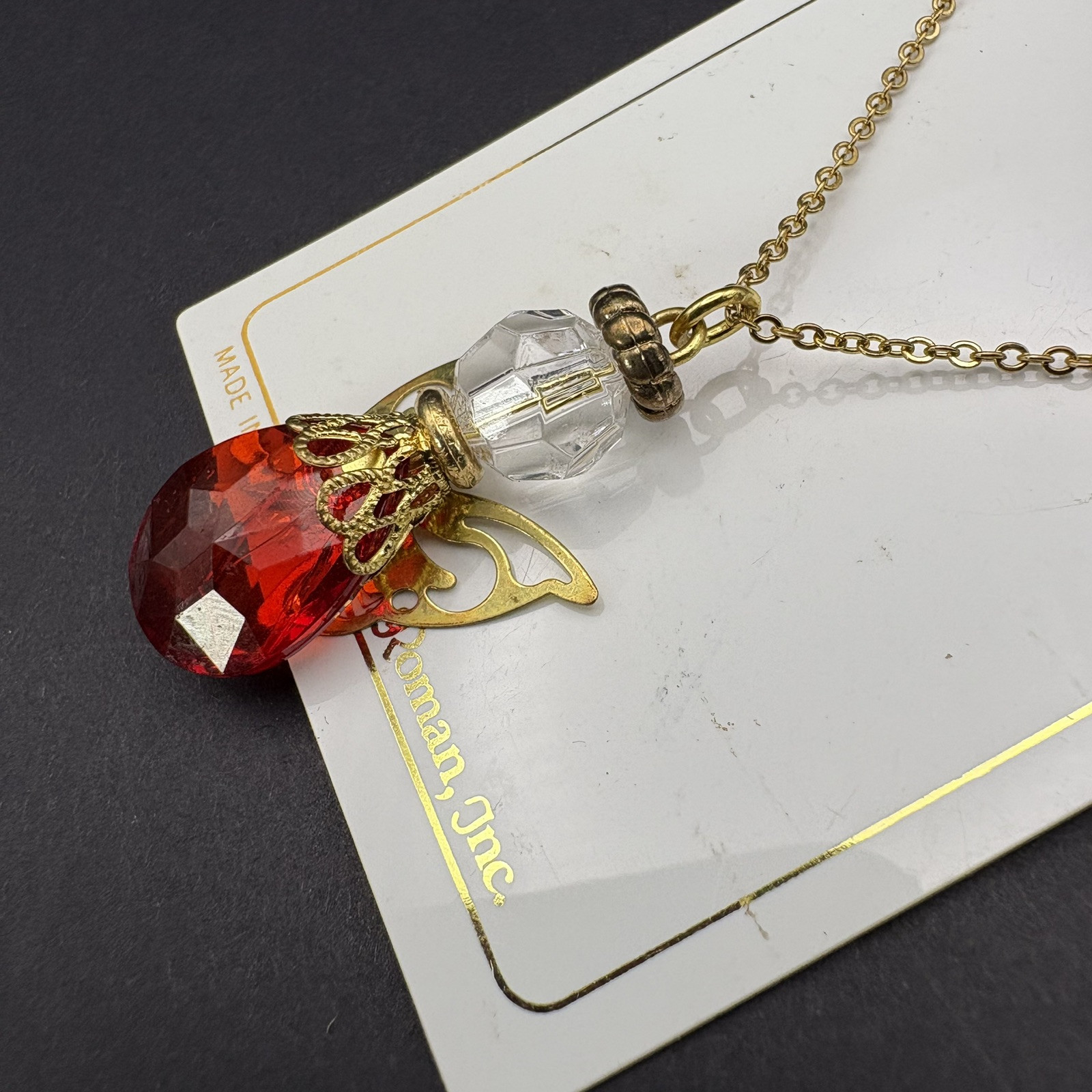 Roman Inc. July Birthstone Faux Ruby Pendant Necklace Gold Tone Angel Charm