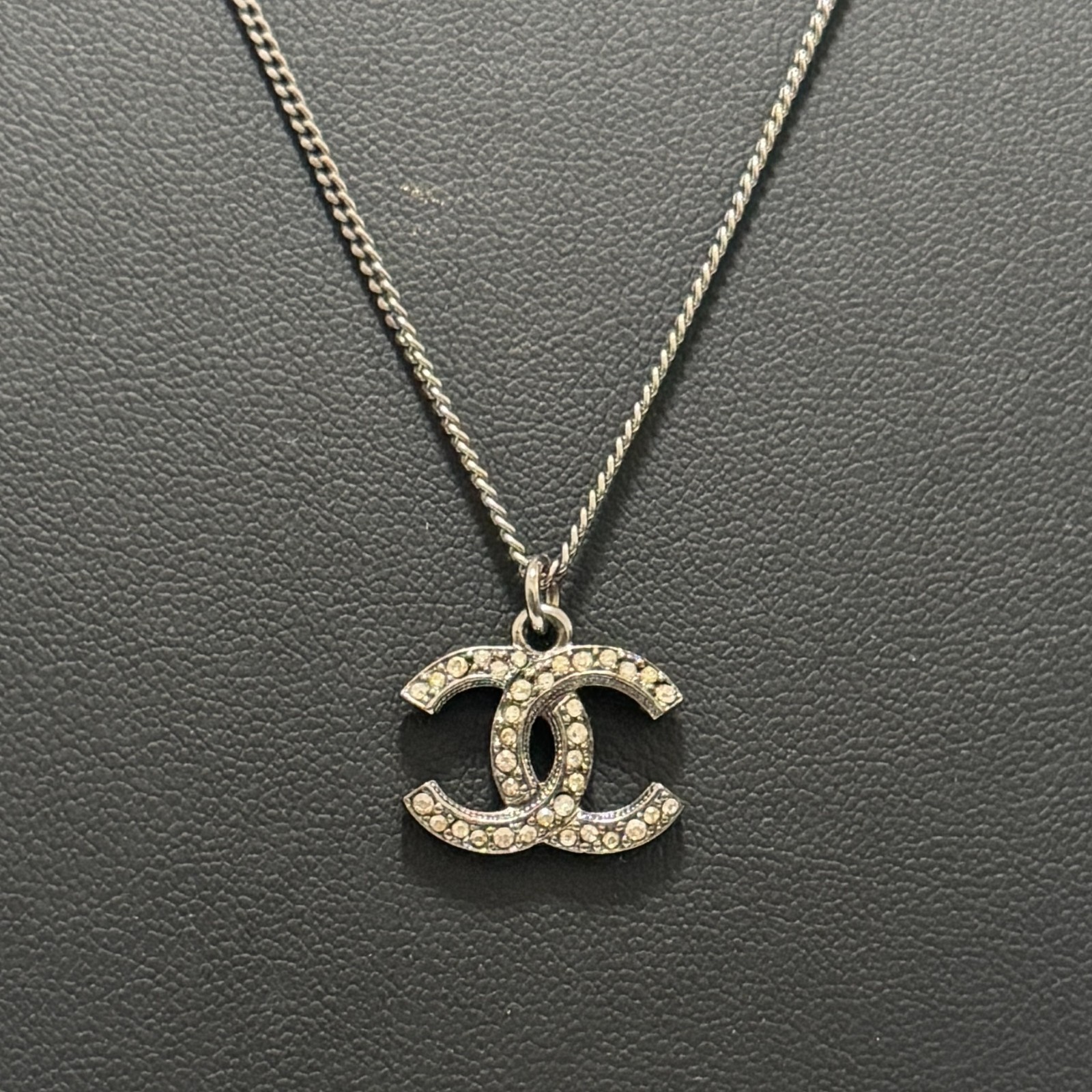 CHANEL A17S CC COCO Necklace Silver Rhinestone ImitationPearl Authentic JAPAN