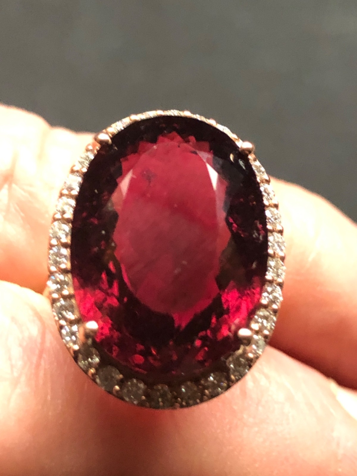 14K Pink Gold Large 21.43 ct. Rubellite Ring Diamond Halo .75 ct . T.W.11.70 grm