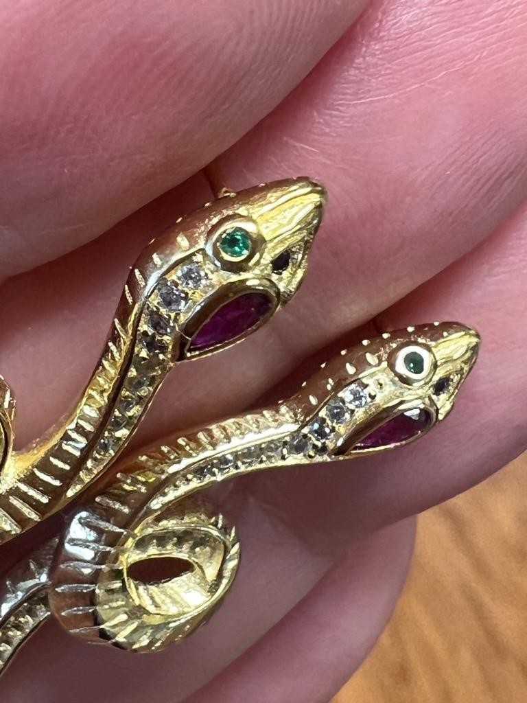 REAL Diamond Ruby Snake Earrings 14K Gold on SOLID 925 Victorian Egyptian Rev YG