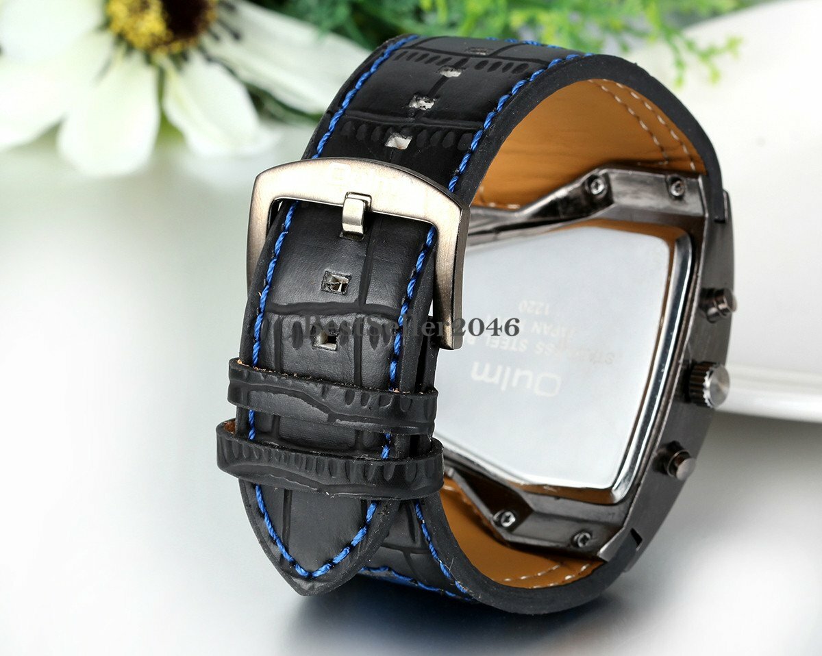 Military Dual Time Zone Irregular Dial Leather Band Men Sport Quartz Wrist Watch