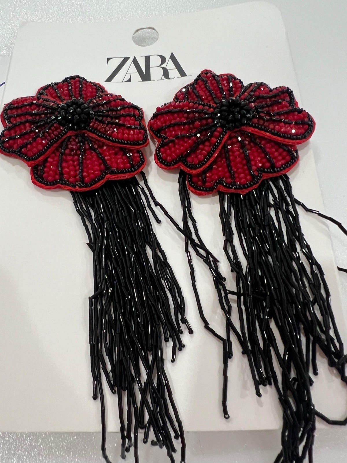 New Zara Woman Floral Beaded Earrings Dark Red Burgundy Black