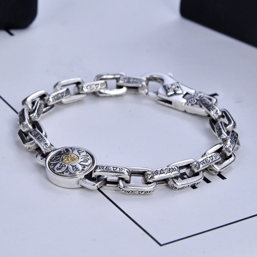 Pure 925 Sterling Silver Chain 8mm Six Words Square Cable Link Bracelet 7-8.7in