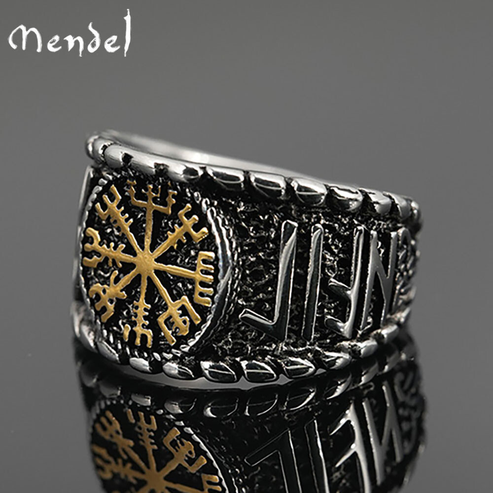 MENDEL Mens Stainless Steel Pagan Viking Vegvisir Rune Signet Ring Men Size 7-15