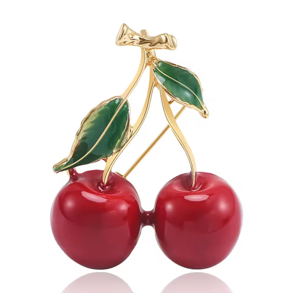Vintage Style Red Enamel Cherry Brooch Pin Fruit Gold Tone Plant Jewelry Gift