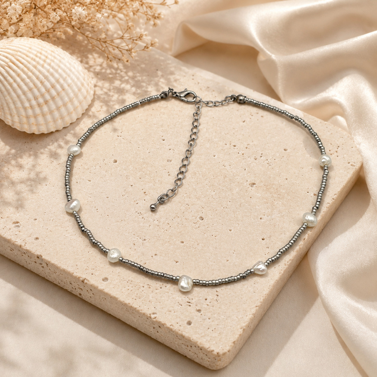 White Natural Baroque Pearl Station Necklace Silver Tone Seed Beads 15 In Vtg.