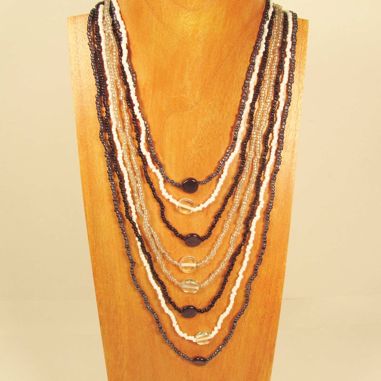 24″ Waterfall Black White Multi Strand Mixed Bead Handmade Seed Bead Necklace