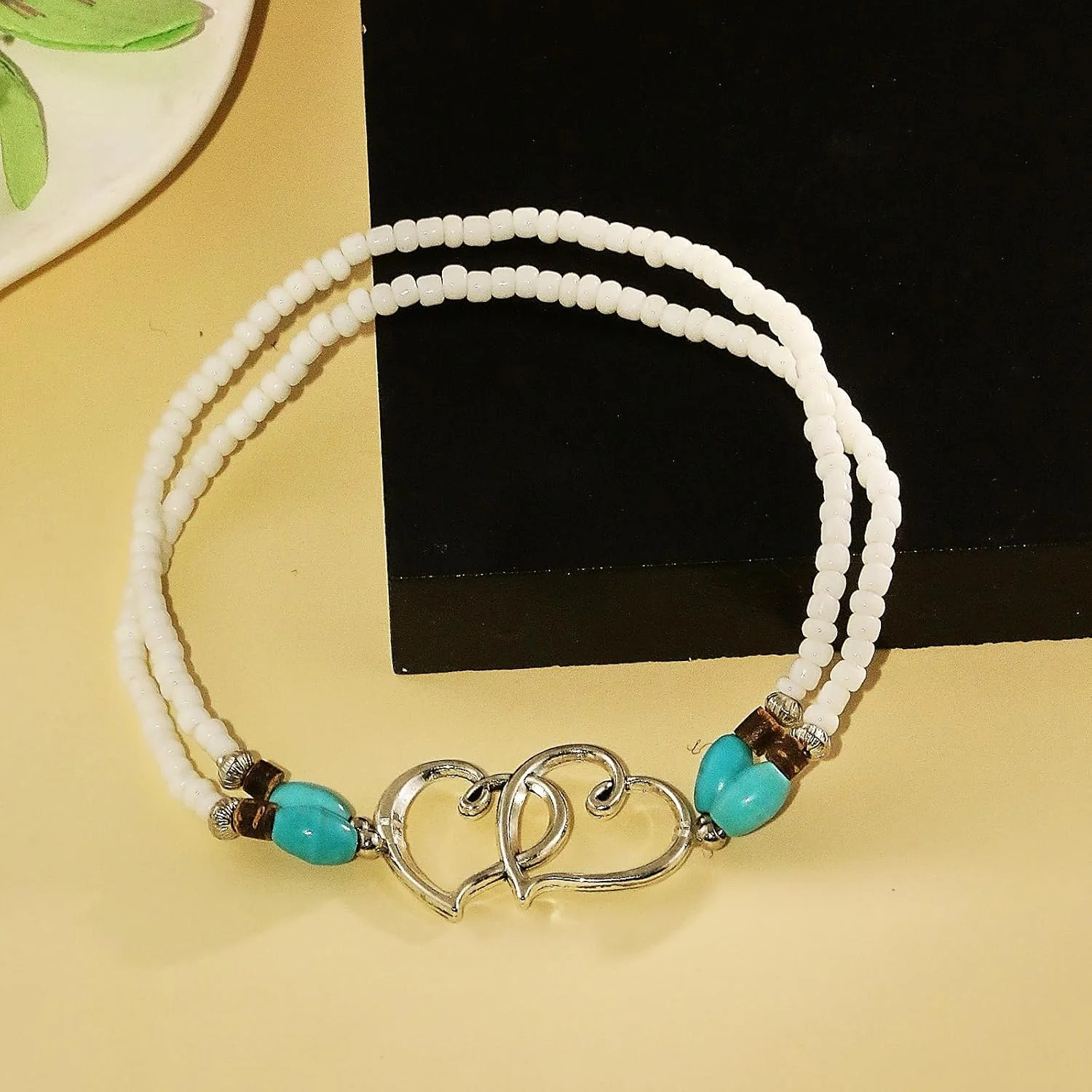 Elastic Beaded Ankle Bracelets for Women Double Heart Layered Stretch Ankle Brac