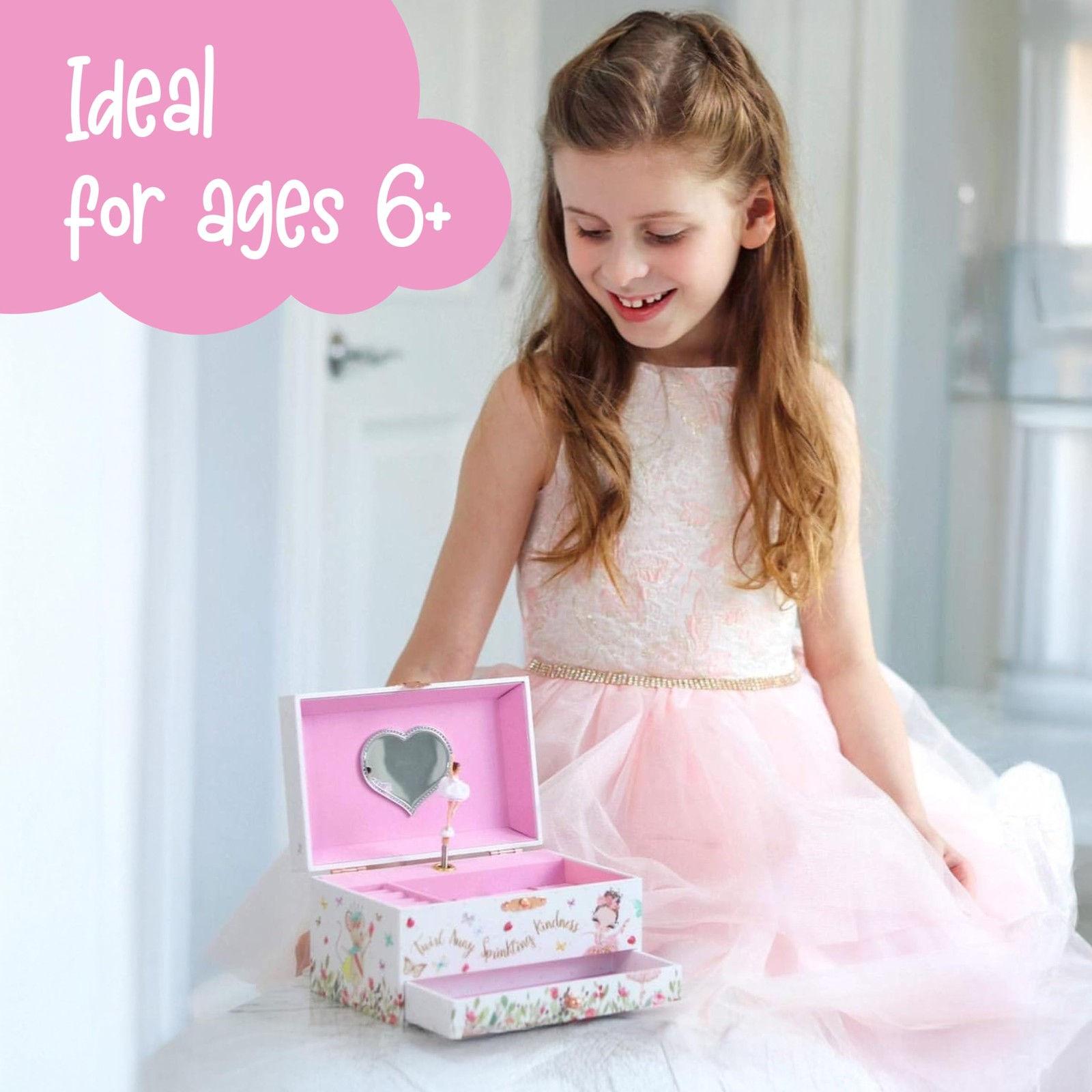 Ballerina Musical Jewelry Box with Storage Organizer for Kids Ages 6-12 MDF Wood