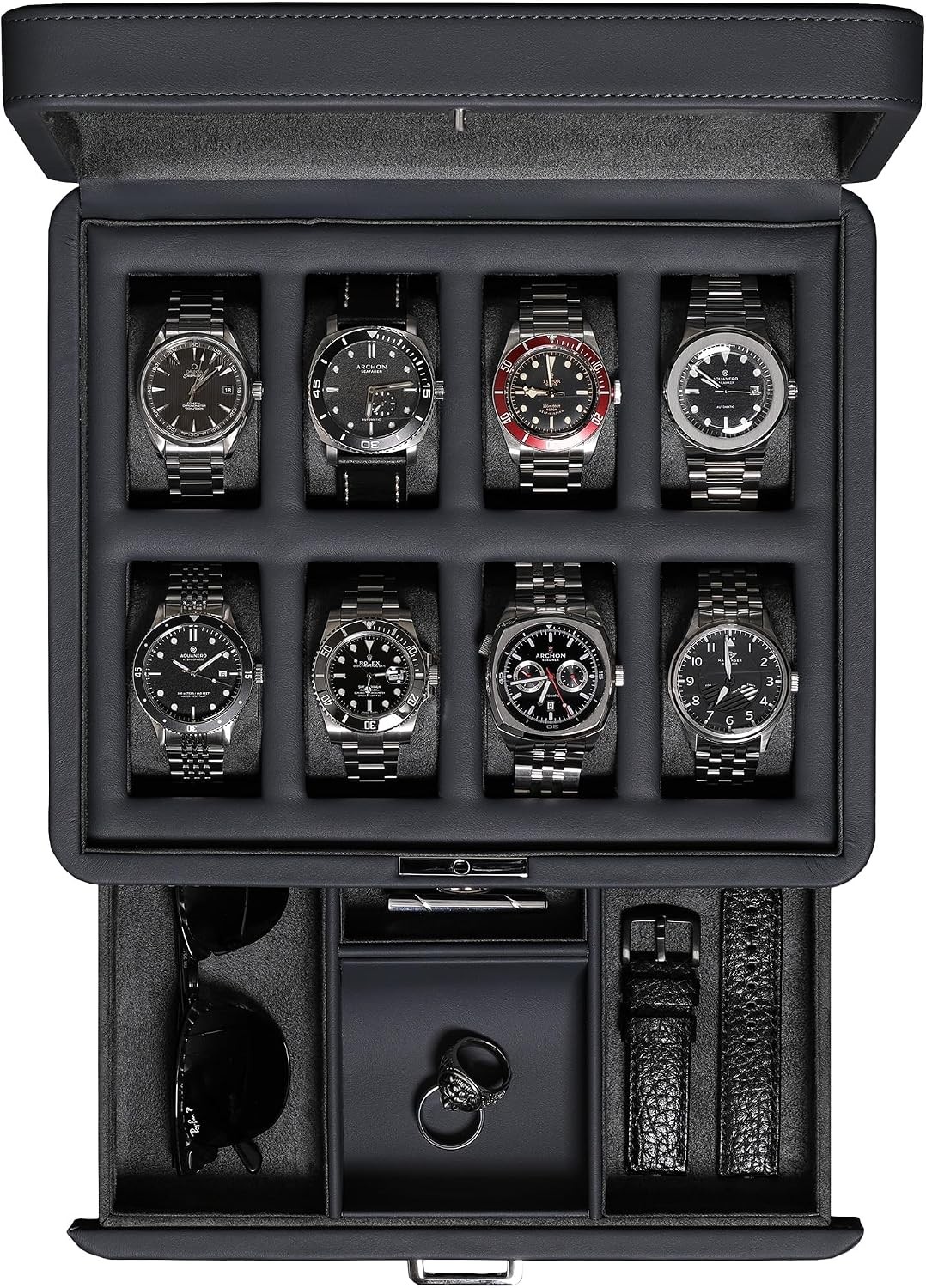 8 Slot Leather Watch Box with Valet Drawer,Luxury Case Display Jewelry Organizer